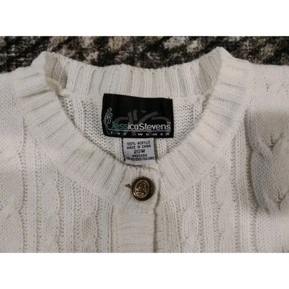 Vintage Jessica Stevens Cable Knit Chunky Fisherman Cardigan Sweater Ivory 20W - Picture 3 of 9